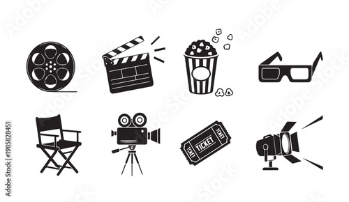 Film Industry Icons Set with Director Chair and Cinema Reel Against White Background