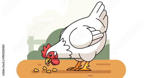 A cartoon white hen pecks at yellow corn kernels on a farm on a sunny day