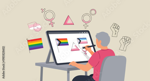 An artist draws LGBTQ symbols and flags on a digital tablet at a desk workstation