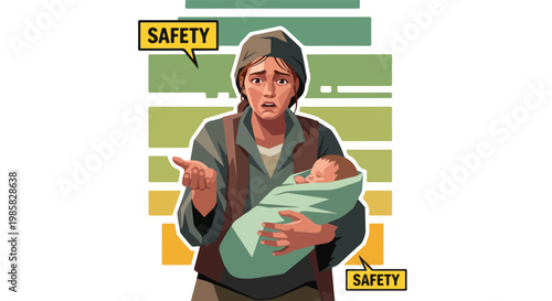 A worried woman holding a newborn baby with speech bubbles calling for safety