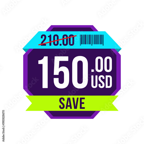 Dark Purple Octagon Price Badge with Cyan Discount Tag and Lime Green Save Ribbon Flat Vector Sale Icon Transparent Background