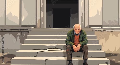 An elderly man sits alone on the cracked concrete stairs of an old building