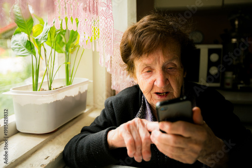 Elderly woman using a smartphone by a window with houseplants, warm natural light in a quiet home interior.