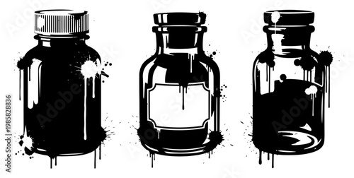 Medicine bottles and glass vials set in urban street art style