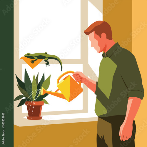 A man waters a potted plant on a windowsill while a green lizard watches him
