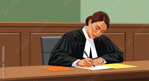 A female judge in a black robe sits at a wooden desk writing on legal papers