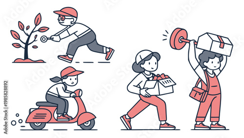 Modern Minimalist Vector Illustration Set of Diverse Characters Engaged in Delivery Growth and Hard Work for Business Concepts