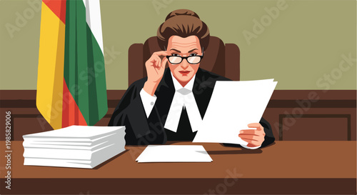 A female judge in a black robe sitting at a desk and reviewing legal documents