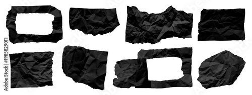 Crumpled black cuted art paper parts and frames set isolated on transparent background. PNG 