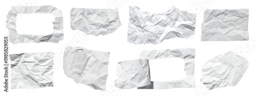 Crumpled white cuted paper parts and frames set isolated on transparent background. PNG 