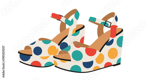 Stylish wedge sandals with colorful polka dots in red yellow blue and teal on a white background for summer fashion collection.