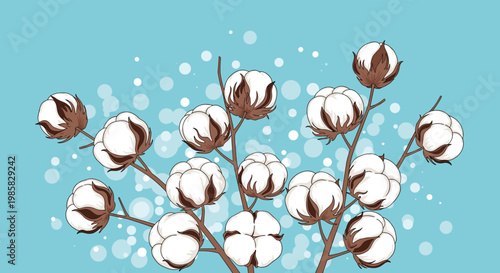 Natural cotton plant branches with white fluffy bolls against a blue sky background with soft white bokeh lights for textile art.