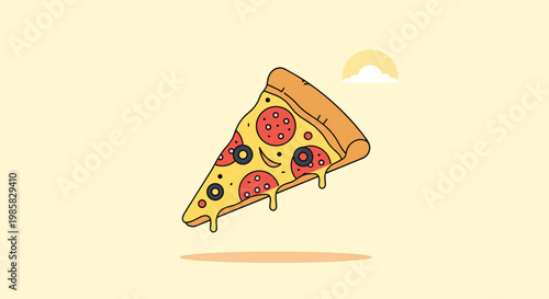 Delicious slice of pepperoni pizza with black olives and melting cheese floating against a light yellow background for menu art.