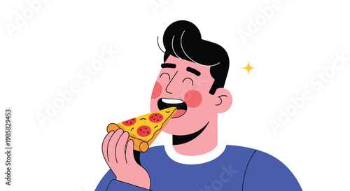 Happy man in a blue sweater eating a large slice of pepperoni pizza with a joyful expression on a white background for foodies.