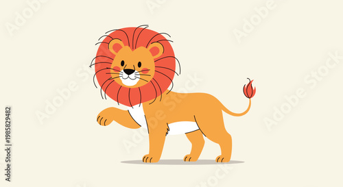Adorable cartoon lion walking with a red mane and a happy expression against a light cream background for children projects.