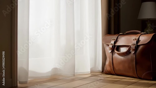White sheer curtain blowing in wind near brown leather briefcase by sunlit window