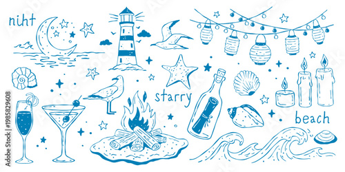 Set of vector illustrations hand drawn night beach theme and accessories for vacation at sea. Vector illustration in doodle style including moon, lighthouse, campfire, lanterns, cocktails and seashell