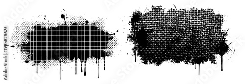 Textured grid and fabric shapes with ink drips in black and white graffiti style