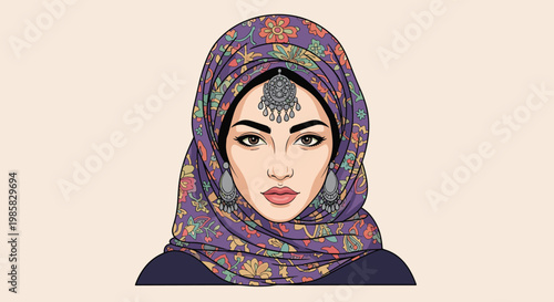 Beautiful young woman wearing a traditional purple floral hijab and ornate silver forehead jewelry looking straight at the viewer.
