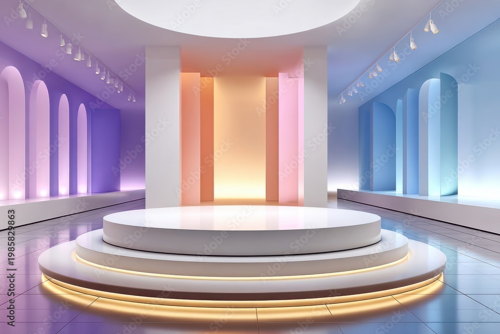 Fototapeta premium Circular illuminated podium in a modern pastel showroom room for product display and presentation