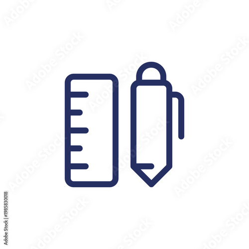 School stationery pixel perfect linear ui icon. Pen with ruler. Writing materials. GUI, UX design. Outline isolated user interface element for app and web. Editable stroke. Arial font used