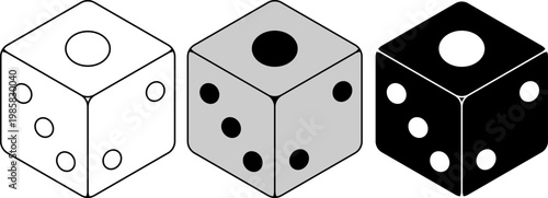Set of three isometric dice cubes in outline, gray, and solid black styles. Minimalist vector art