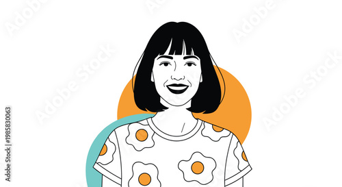 Cheerful young woman with a black bob haircut smiling while wearing a white t-shirt decorated with fried egg patterns and abstract shapes.