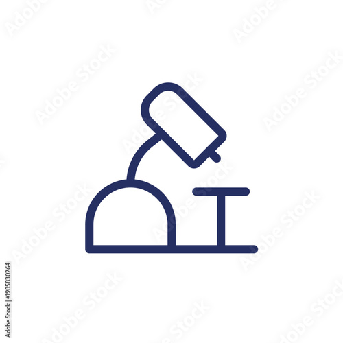 Microscope pixel perfect linear ui icon. Laboratory equipment. Scientific analysis. GUI, UX design. Outline isolated user interface element for app and web. Editable stroke. Arial font used