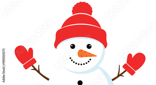 Friendly snowman illustration wearing a bright red winter hat and matching mittens with a carrot nose and coal smile for winter fun.
