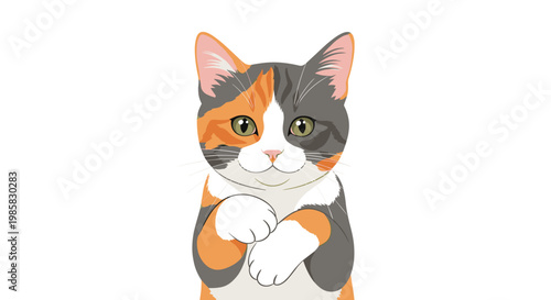 Charming calico cat illustration with its paws neatly tucked together looking straight ahead with a sweet and gentle expression.