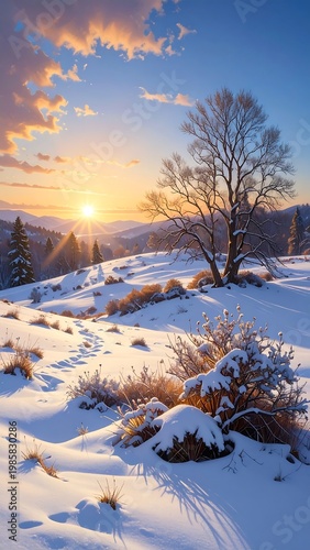 Serene winter landscape with snow-covered tree at sunset