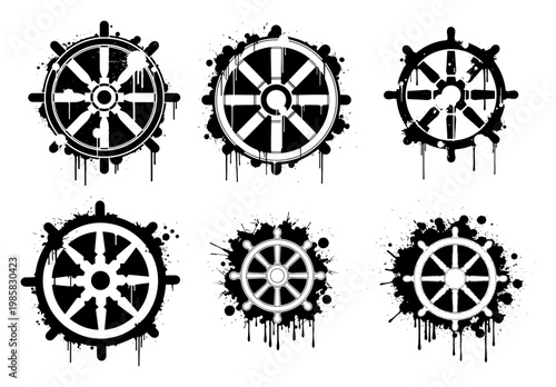 Ship steering wheels collection in black ink splatter urban style