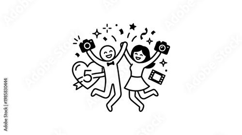 Happy Photographers Celebrating Success with Cameras and Confetti