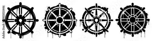 Nautical helm steering wheels set in black ink urban style