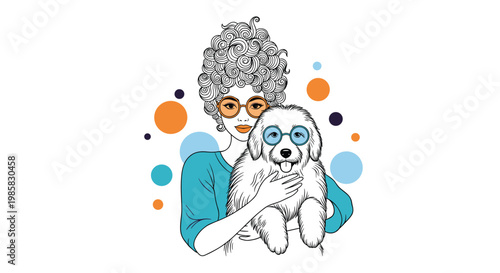 Stylish young woman with voluminous curly hair holding a fluffy white dog while both are wearing trendy round blue glasses.