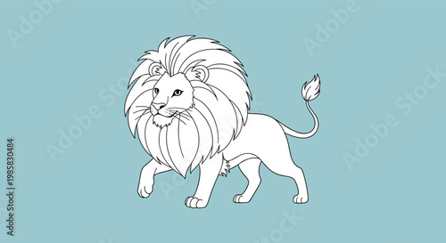Simple black line drawing of a majestic lion walking forward set against a solid blue background for a minimalist wildlife theme.