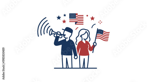 Patriotic Couple Celebrating with American Flags and Trumpet