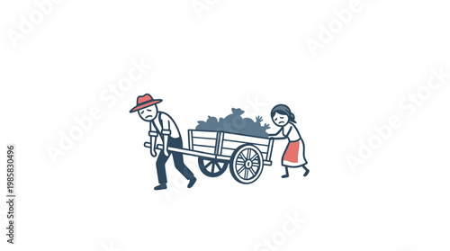 Farmer and Woman Transporting Wagon Loaded with Harvest