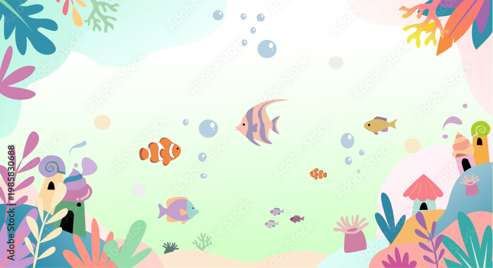 Fototapeta premium Colorful underwater vector illustration featuring tropical fish, sea plants, coral reefs, and whimsical marine houses. A playful and vibrant ocean scene designed for children’s themes