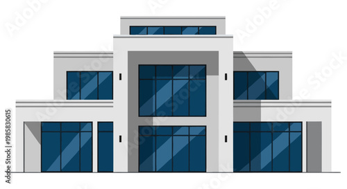 Modern house with large blue windows in minimalist gray exterior for real estate