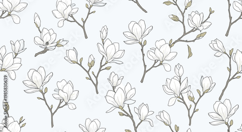 Elegant seamless pattern of white magnolia flower branches with green buds on a soft light blue background for botanical wallpaper.