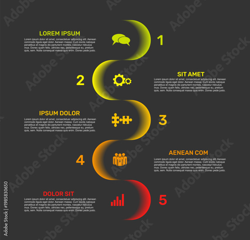 Vertical zig-zag business infographic template with five colorful numbered steps. Vector illustration.