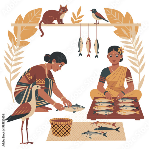 Traditional indian fish sellers vector illustration with women in sarees and local animals.
