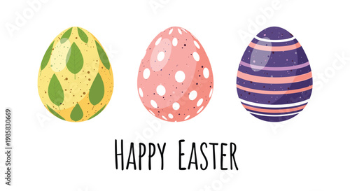 Three colorful decorated easter eggs with different festive patterns and Happy Easter greeting text below on a white background.