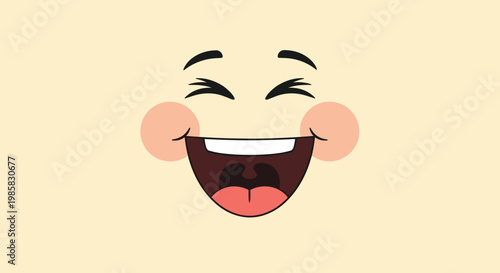 Joyful cartoon face expression with wide open laughing mouth and rosy pink cheeks on a light cream background for funny character.