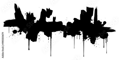 Abstract cityscape silhouette with brush strokes and ink drips in urban street art style