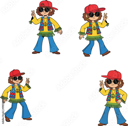 Retro hippie character wearing colorful vest sunglasses and bell bottom jeans showing peace sign for vintage lifestyle concept