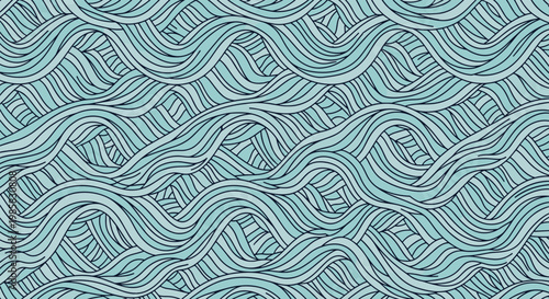 Abstract seamless pattern of flowing wavy lines in shades of blue creating a rhythmic movement like water or waves for wallpaper.