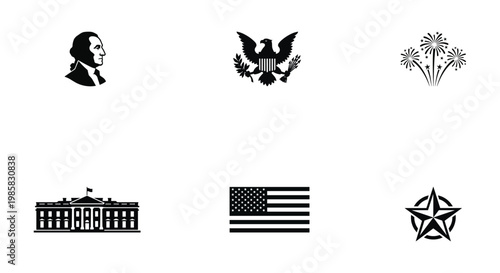 Set of US patriotic symbols including George Washington, eagle, fireworks, White House, flag, and star vector illustration