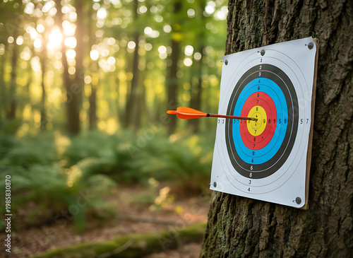 Orange arrow hits bullseye on colorful archery target. Target mounted on tree trunk in forest. Outdoor sport, focus, precision, accuracy achieved. Archery / Target Shooting